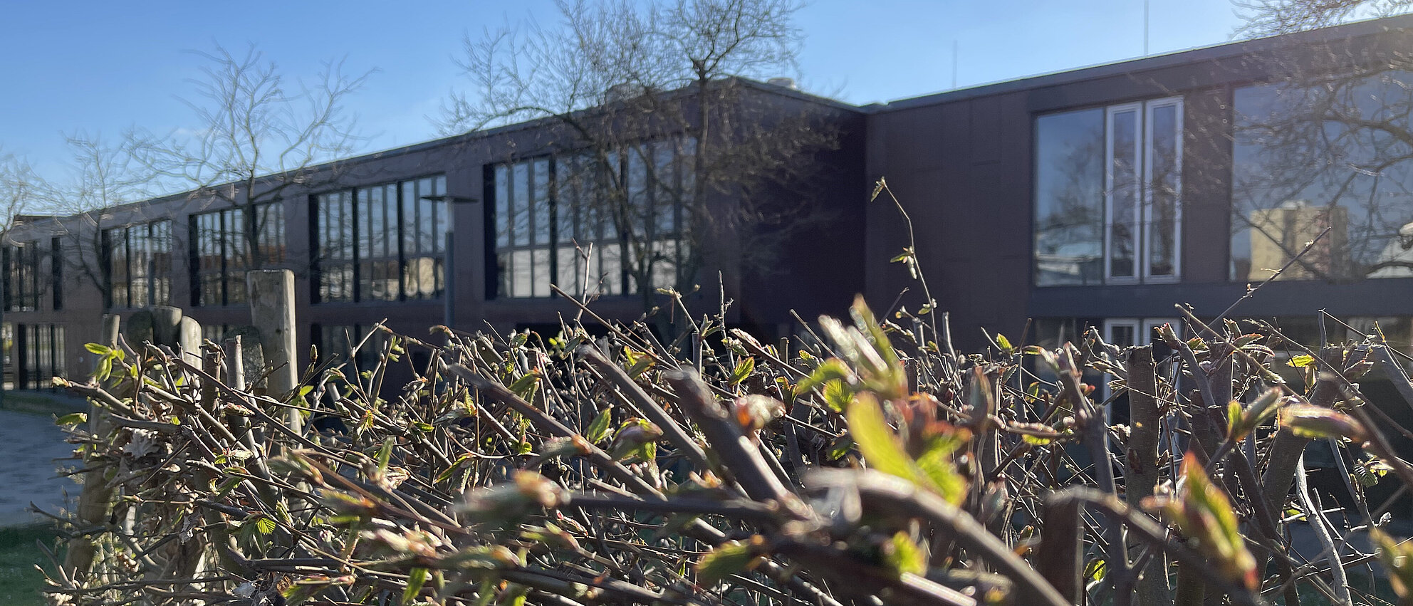 Das Schulhaus im Frühling.